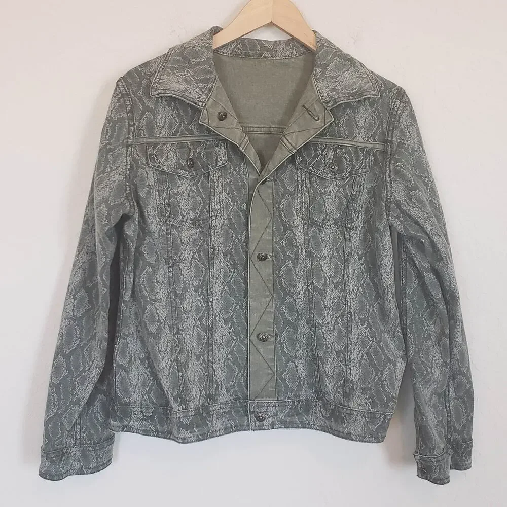 Reversible Denim Jacket Green and Snake Print Women's Large Transitional Casual